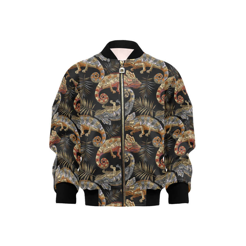 Chameleon lizard tropical leaves palm tree Kids' Boys' Girls' Bomber Jacket