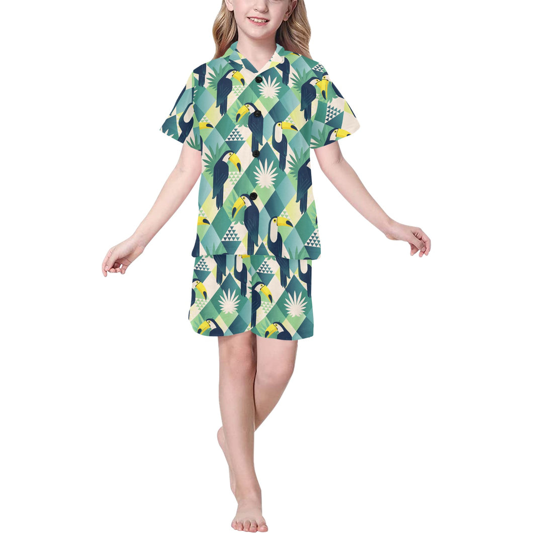 Toucan tropical leaves design pattern Kids' Boys' Girls' V-Neck Short Pajama Set