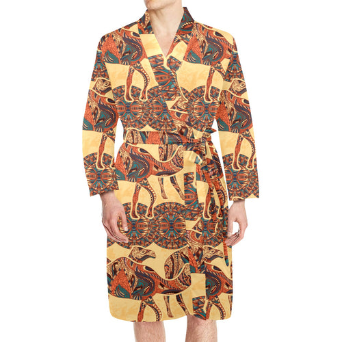 Camel polynesian tribal design pattern Men's Long Sleeve Belted Night Robe