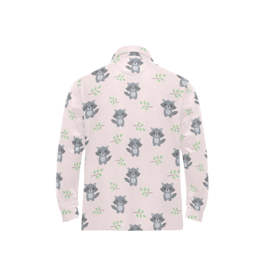 cute raccoons leaves pattern Men's Long Sleeve Polo Shirt