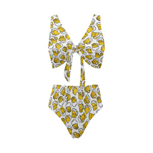 Beer design pattern Chest Bowknot High Waisted Bikini Swimsuit
