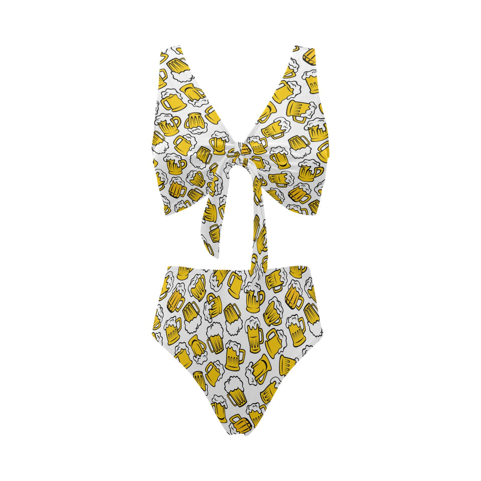 Beer design pattern Chest Bowknot High Waisted Bikini Swimsuit