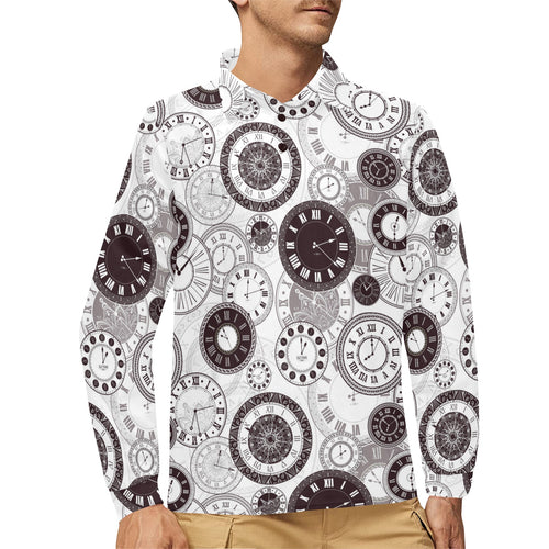 Classic vintage clock pattern Men's Long Sleeve Polo Shirt