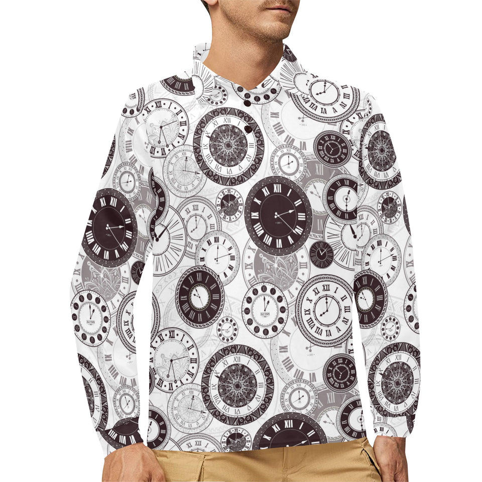 Classic vintage clock pattern Men's Long Sleeve Polo Shirt