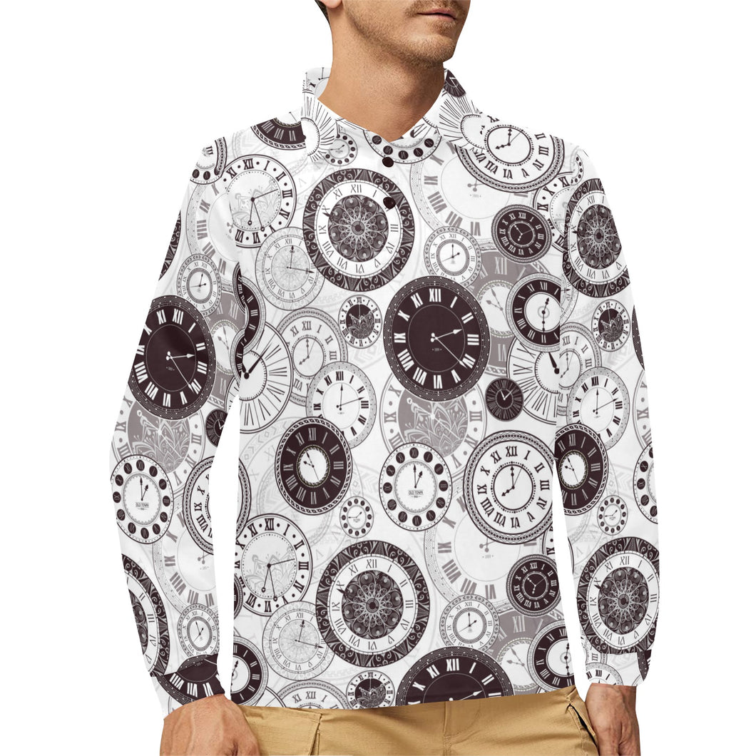 Classic vintage clock pattern Men's Long Sleeve Polo Shirt