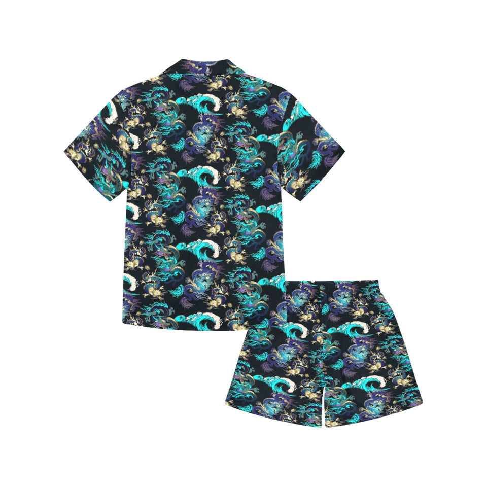 Dragon sea wave pattern Kids' Boys' Girls' V-Neck Short Pajama Set