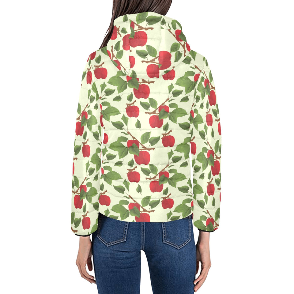 Red apples leaves pattern Women's Padded Hooded Jacket