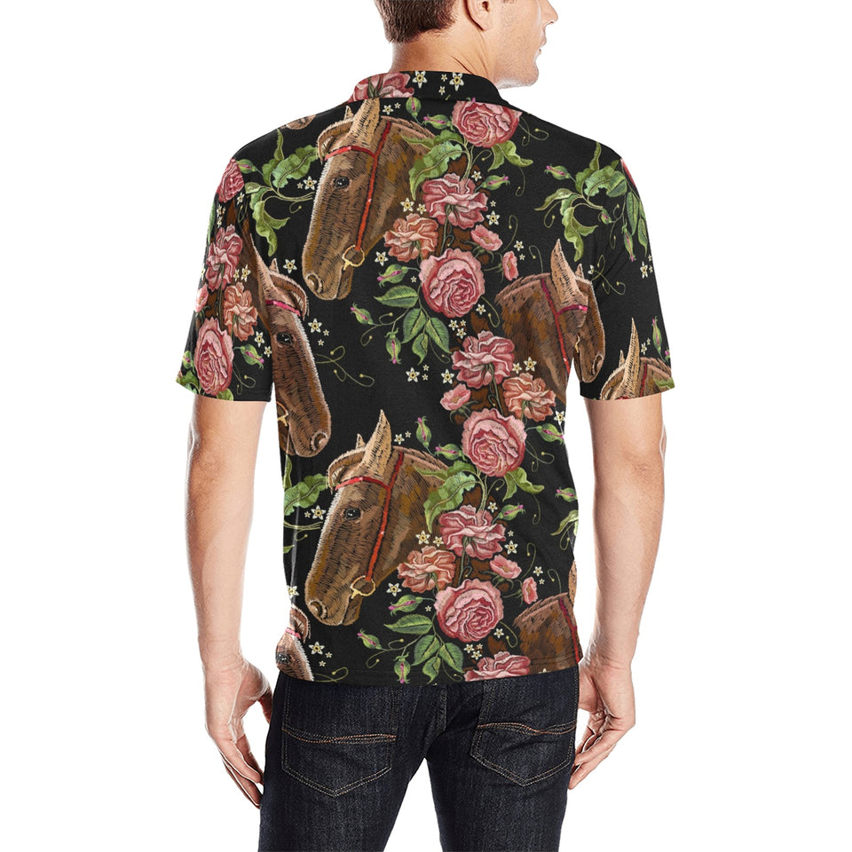 Horse head wild roses pattern Men's All Over Print Polo Shirt