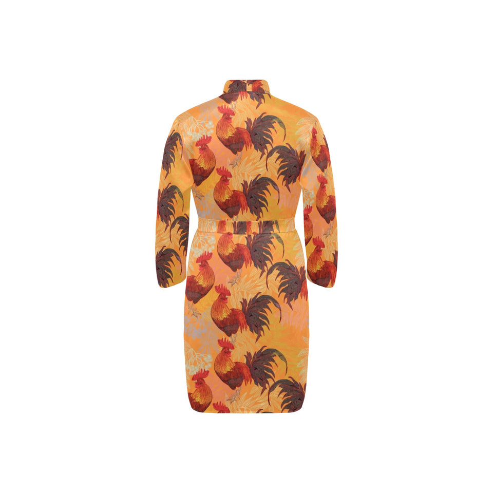 red rooster chicken cock pattern Men's Long Sleeve Belted Night Robe
