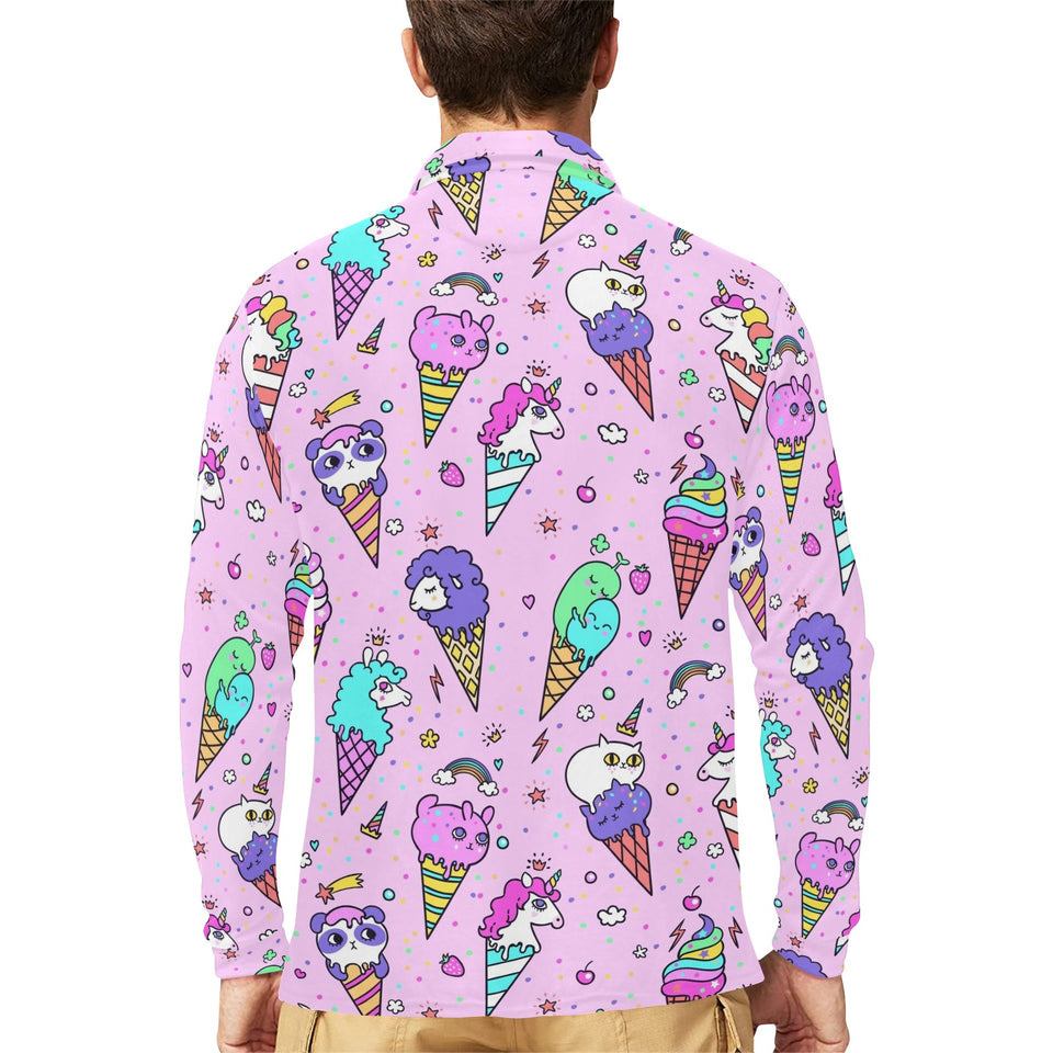 Cute ice cream cone animal pattern Men's Long Sleeve Polo Shirt