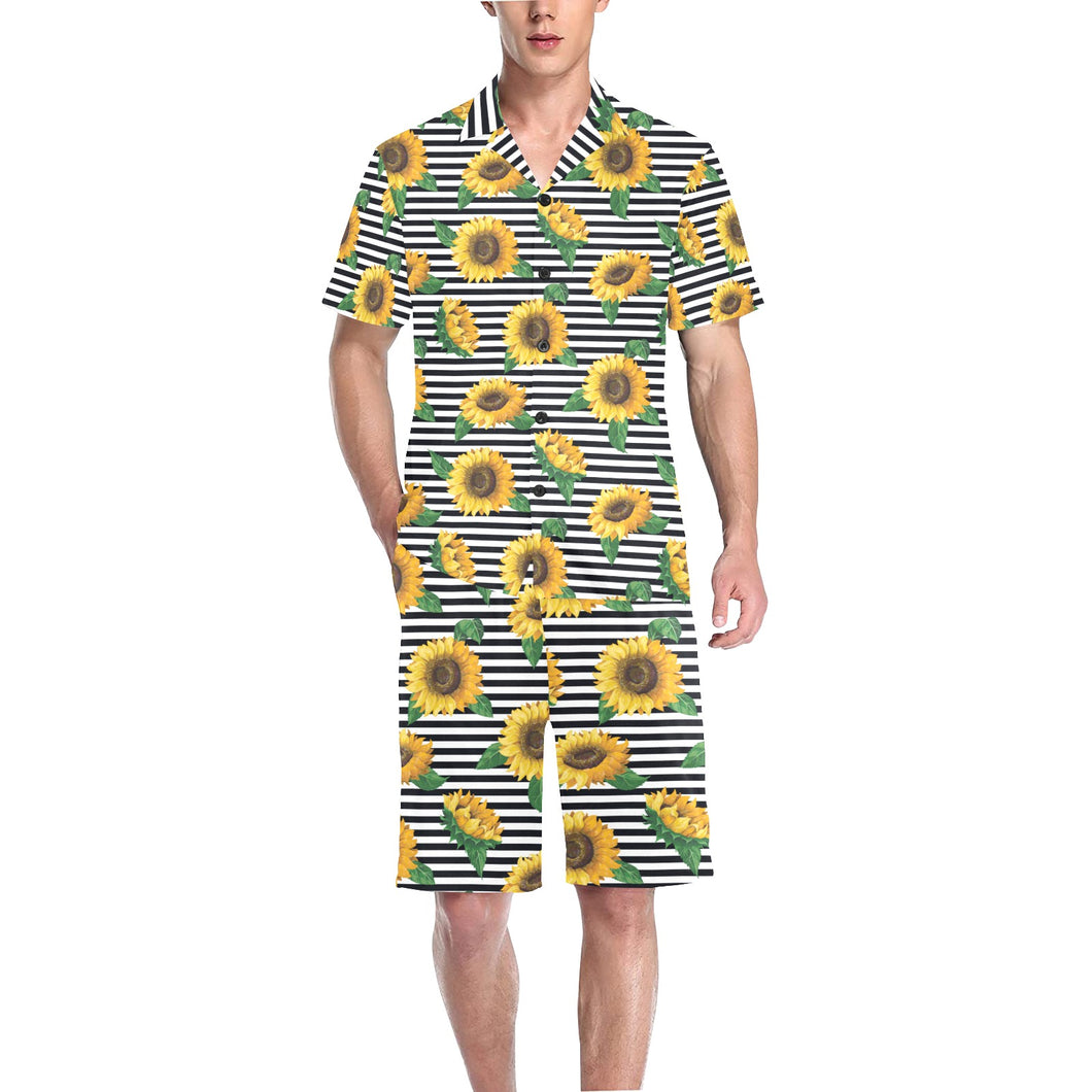 sunflowers ribbon background Men's V-Neck Short Pajama Set