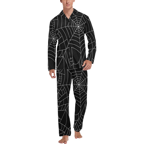 Spider web pattern Black background white cobweb Men's Long Pajama Set