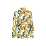 yellow tulips pattern Women's Long Sleeve Polo Shirt