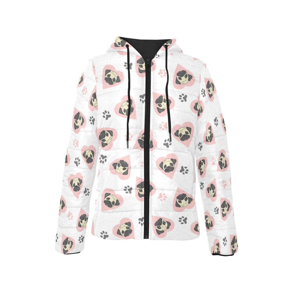 Cute pugs pink heart paw pattern Women's Padded Hooded Jacket