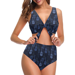 Blue Theme guitar pattern Chest Bowknot High Waisted Bikini Swimsuit