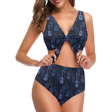 Blue Theme guitar pattern Chest Bowknot High Waisted Bikini Swimsuit