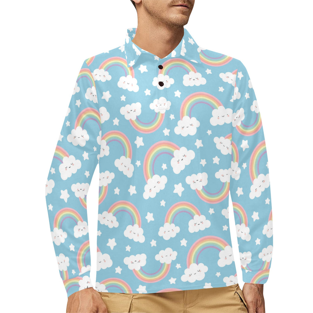 Cute rainbow clound star pattern blue background Men's Long Sleeve Polo Shirt