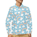 Cute rainbow clound star pattern blue background Men's Long Sleeve Polo Shirt