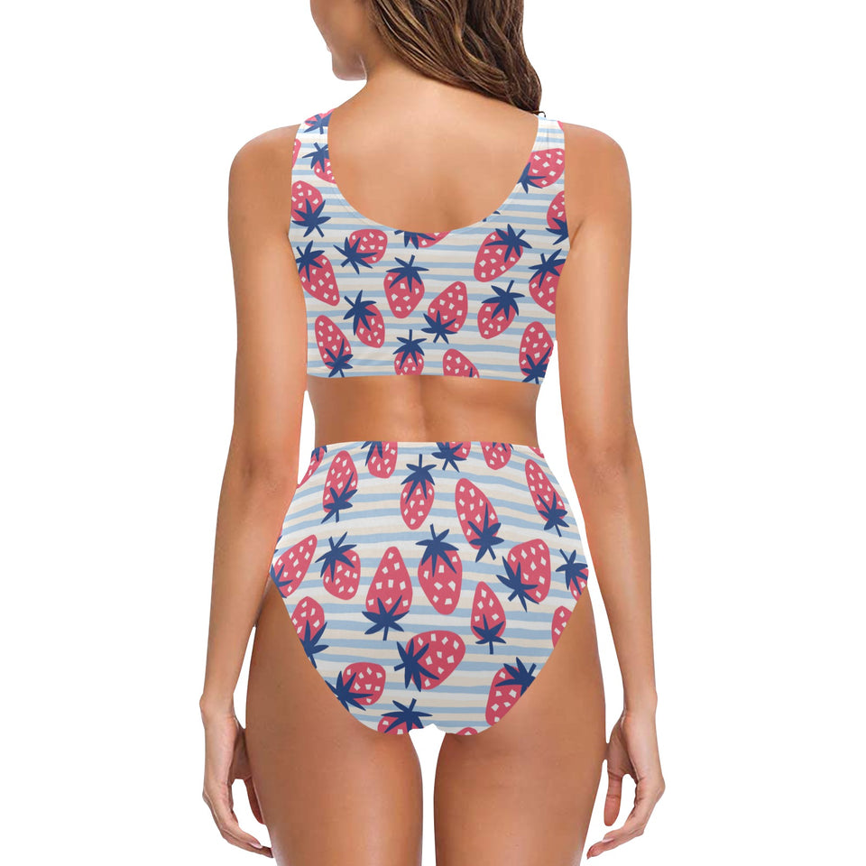 Strawberry pattern blue lines background Chest Bowknot High Waisted Bikini Swimsuit