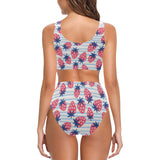 Strawberry pattern blue lines background Chest Bowknot High Waisted Bikini Swimsuit