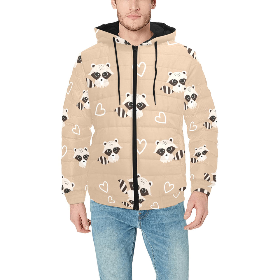 Cute raccoon heart pattern Men's Padded Hooded Jacket