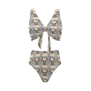 Happy pug pattern Chest Bowknot High Waisted Bikini Swimsuit