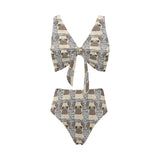 Happy pug pattern Chest Bowknot High Waisted Bikini Swimsuit
