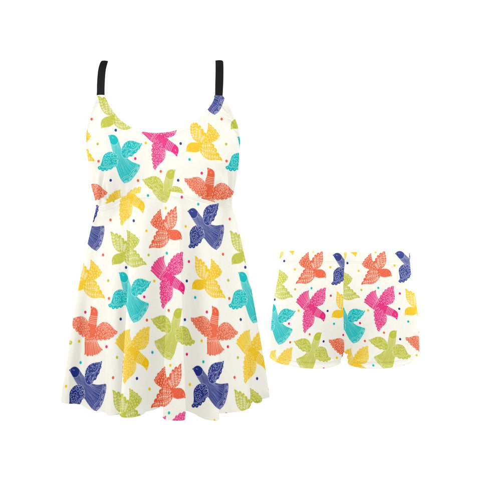 Pigeon Pattern Print Design 01 Chest Sexy Pleated Two Piece Swim Dress