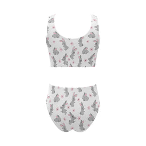 Watercolor cute rabbit pattern Chest Bowknot High Waisted Bikini Swimsuit