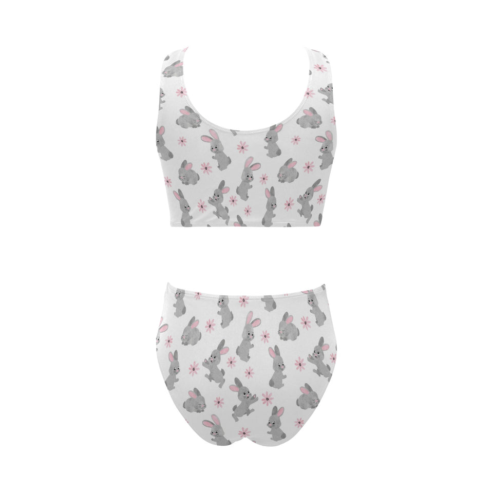 Watercolor cute rabbit pattern Chest Bowknot High Waisted Bikini Swimsuit