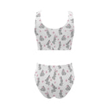 Watercolor cute rabbit pattern Chest Bowknot High Waisted Bikini Swimsuit