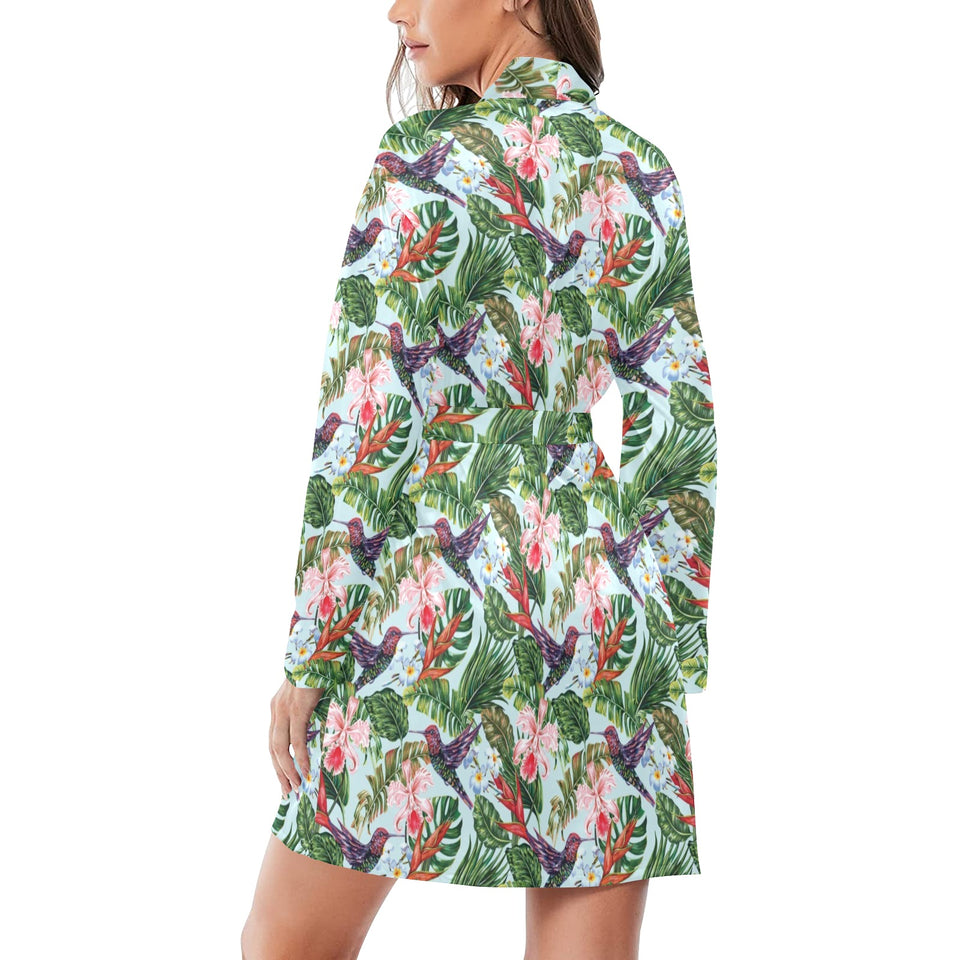 Hummingbird Pattern Print Design 05 Women's Long Sleeve Belted Night Robe