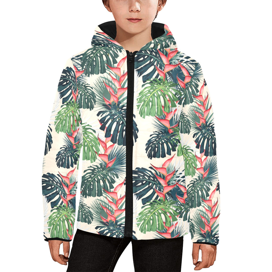 heliconia flowers, palm and monstera leaves Kids' Boys' Girls' Padded Hooded Jacket