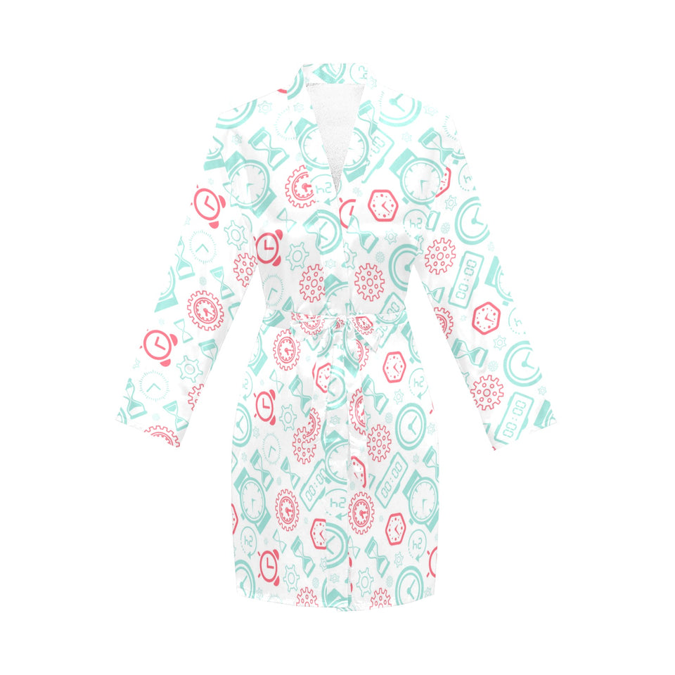 Clock time pattern blackground Women's Long Sleeve Belted Night Robe