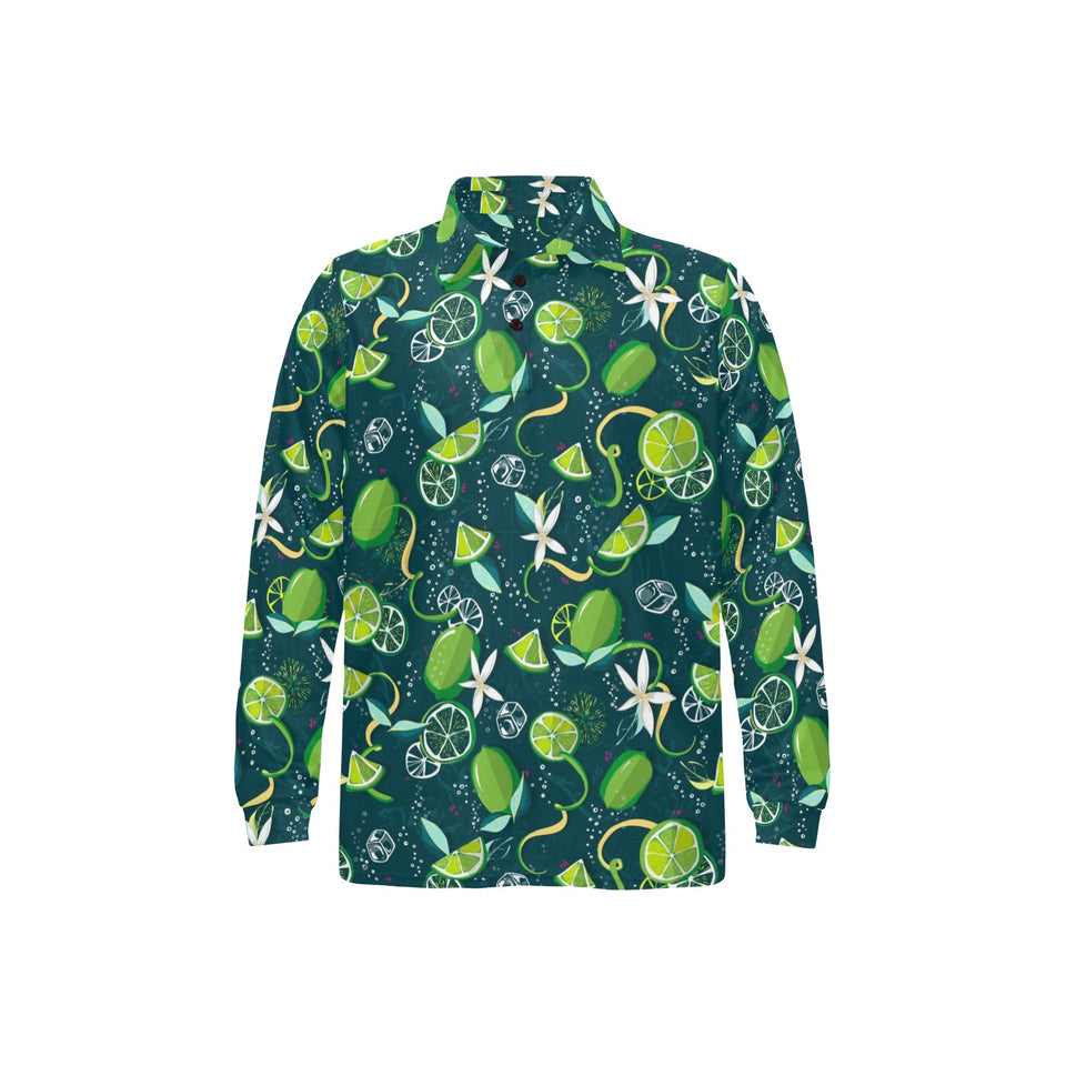 Lime ice flower pattern Men's Long Sleeve Polo Shirt