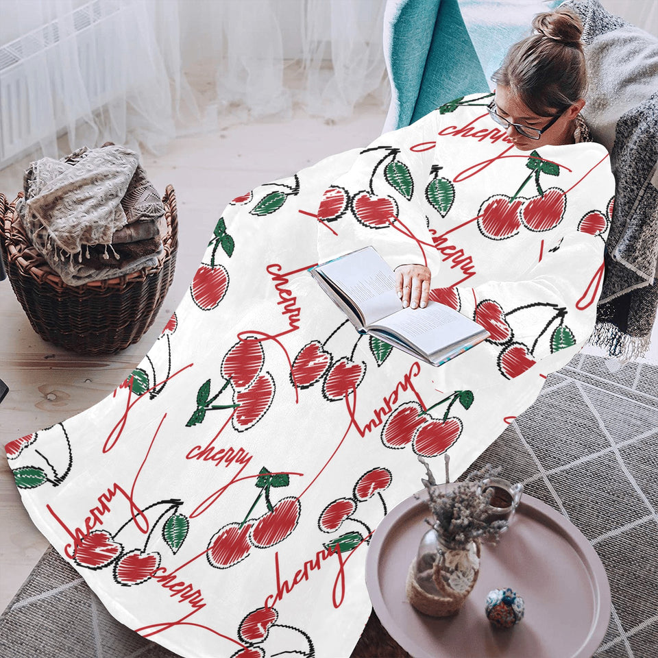 Hand drawn cherry pattern Blanket Robe with Sleeves