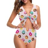 Donut pattern glaze pink background Chest Bowknot High Waisted Bikini Swimsuit