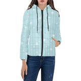 Snowflake pattern blue stripe background Women's Padded Hooded Jacket
