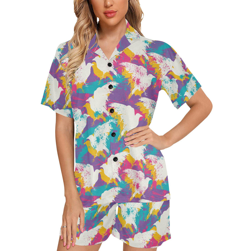 Colorful crow illustration pattern Women's V-Neck Short Pajama Set