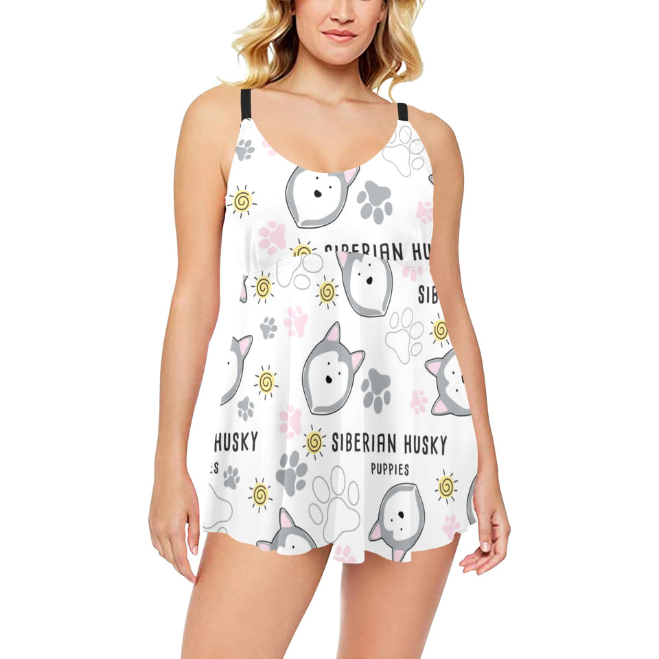 Siberian Husky design pattern Chest Sexy Pleated Two Piece Swim Dress