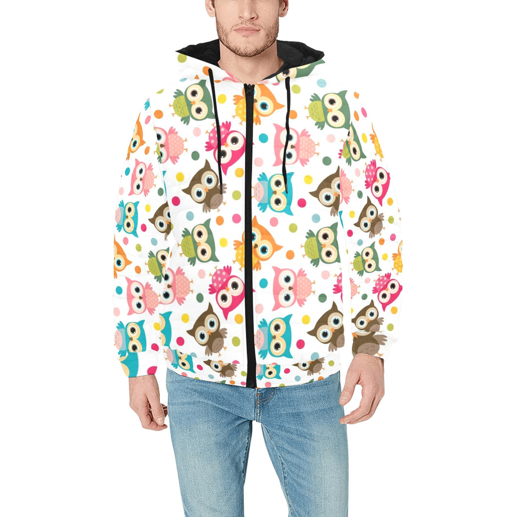 Color cute owl pattern Men's Padded Hooded Jacket