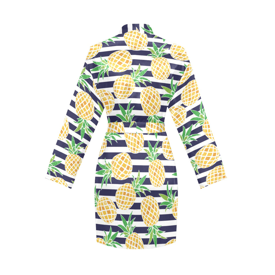 Pineapples pattern striped background Women's Long Sleeve Belted Night Robe