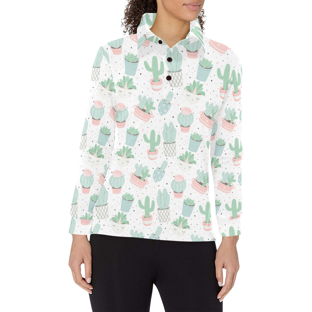 Pastel color cactus pattern Women's Long Sleeve Polo Shirt