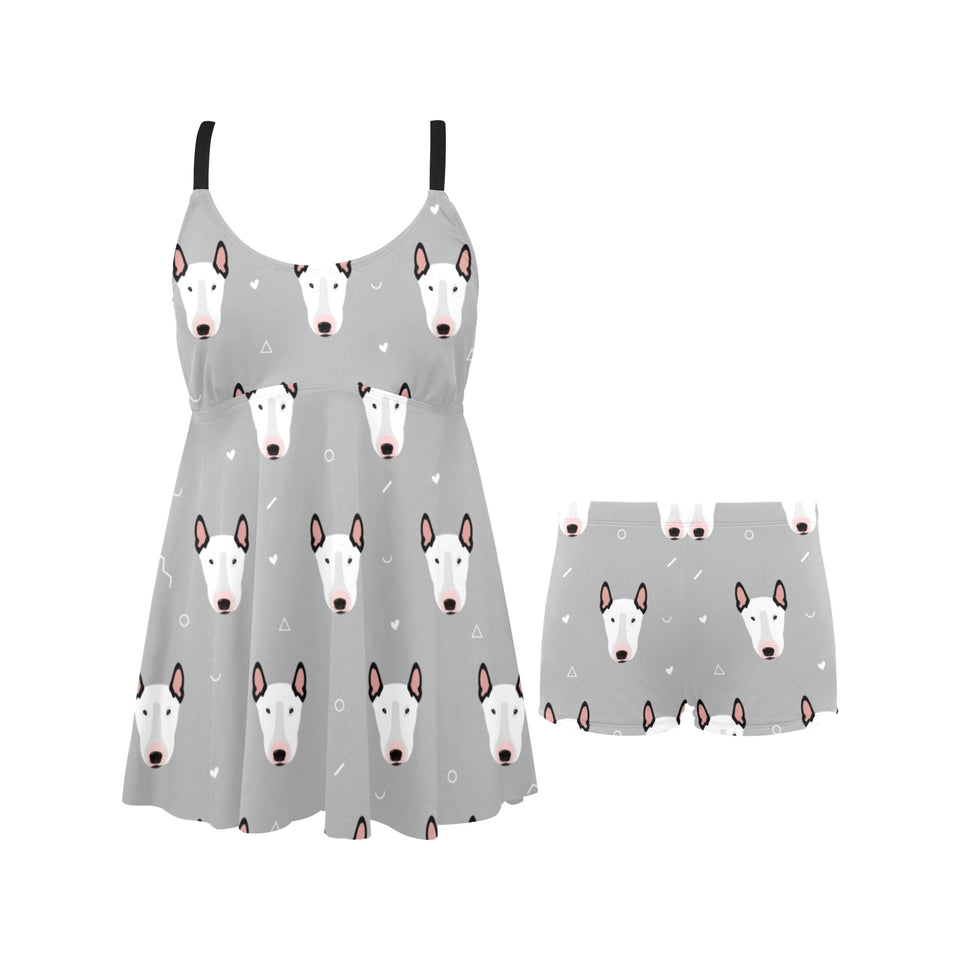 Bull Terrier Pattern Print Design 05 Chest Sexy Pleated Two Piece Swim Dress