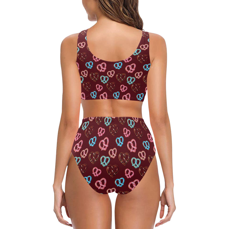 Pretzels Pattern Print Design 05 Chest Bowknot High Waisted Bikini Swimsuit