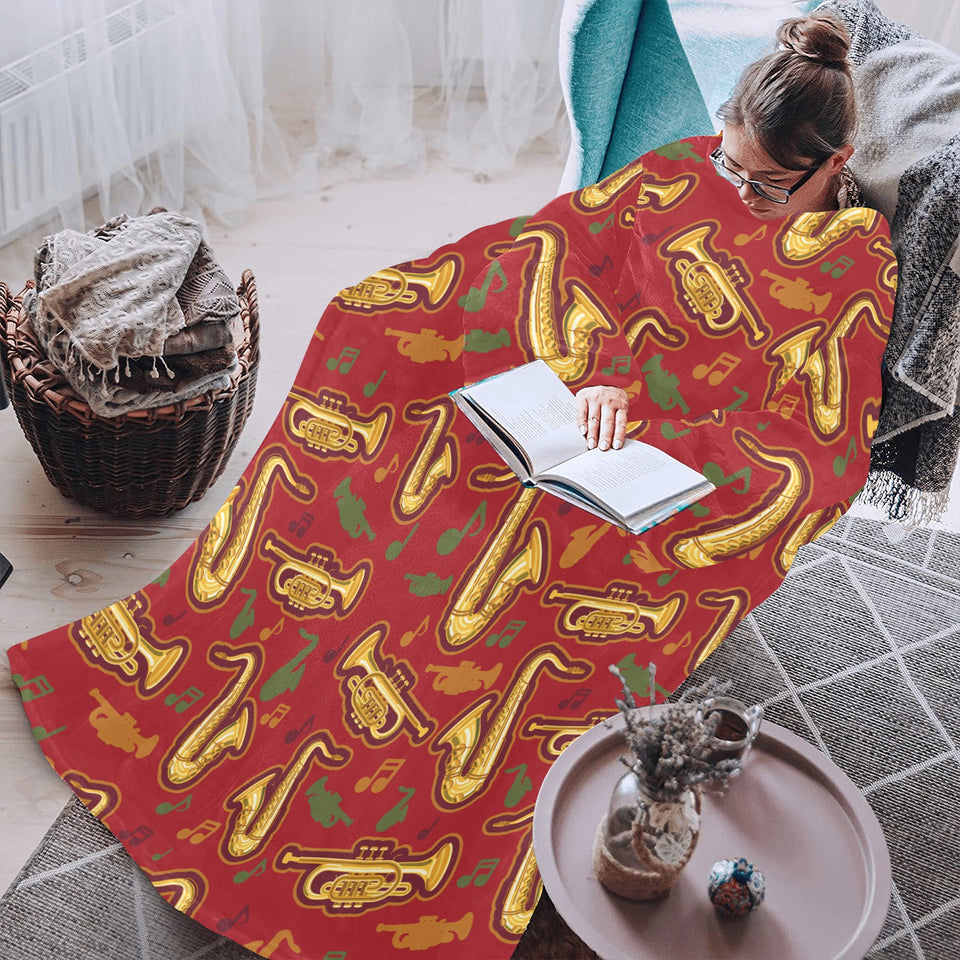 Saxophone cornet pattern red background Blanket Robe with Sleeves