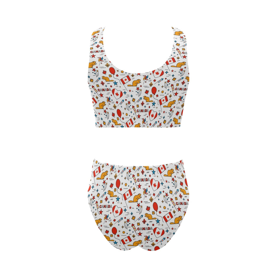 Canada Pattern Print Design 03 Chest Bowknot High Waisted Bikini Swimsuit