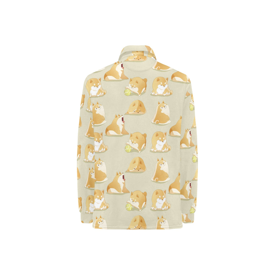 Cute fat shiba inu dog pattern Women's Long Sleeve Polo Shirt