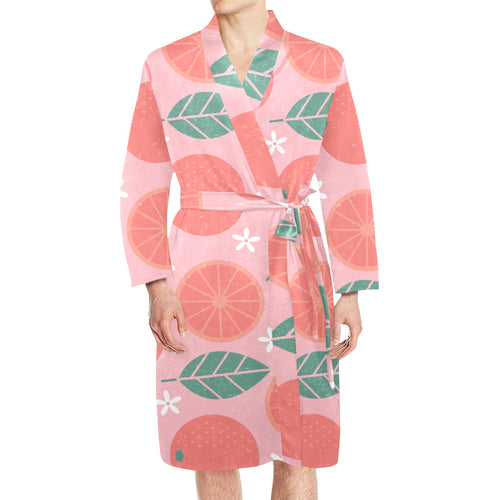 Grapefruit leaves flower pink background Men's Long Sleeve Belted Night Robe