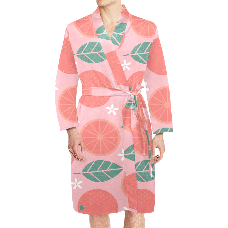 Grapefruit leaves flower pink background Men's Long Sleeve Belted Night Robe